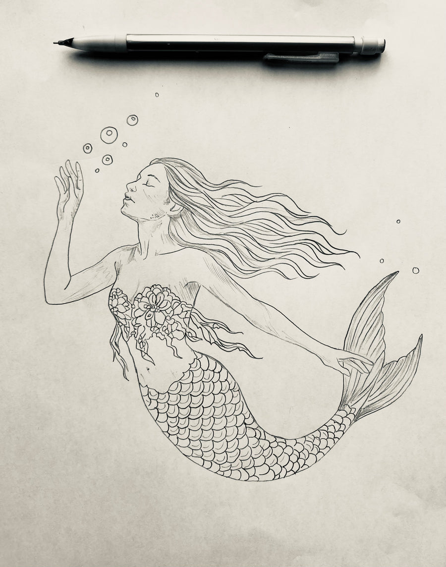 Available Tattoo Flash - Mermaid with Bubbles & Seaweed Lace Top