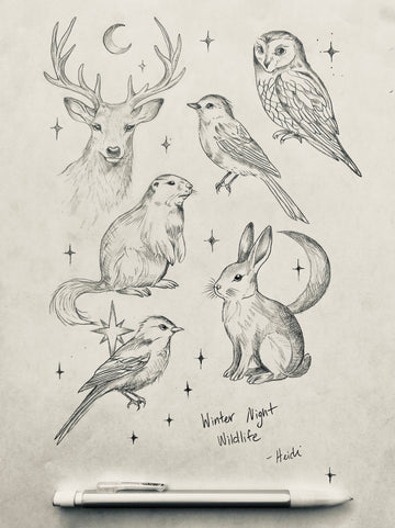 Available Tattoo Flash - Winter Night Wildlife