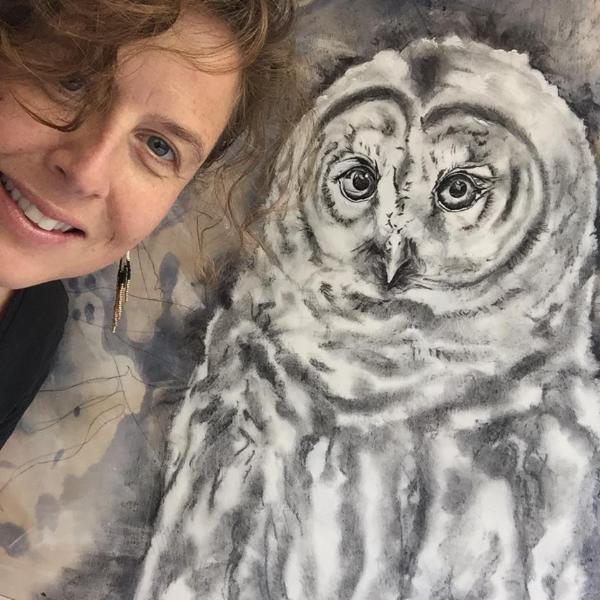 Original mixd media painting and drawing of a Barred Owl. Encaustic top coat. By Heidi Denessen