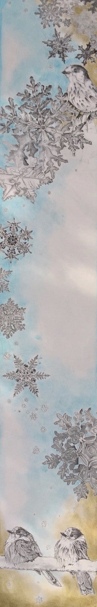 Original artwork by Heidi Denessen of Whiskey Jacks and snowflakes. Romantic and feminine. Blue, white, gold.