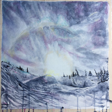 Original painting by Heidi Denessen of a sunburst over Blackcomb Mountain, Whistler, BC. Blue, purple, pink, white, yellow.