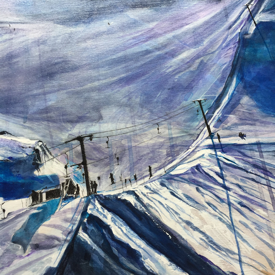 A large original landscape painting of the Horstman Glacier on Blackcomb Mountain in Whistler, BC. Blue, Purple, White, Black.