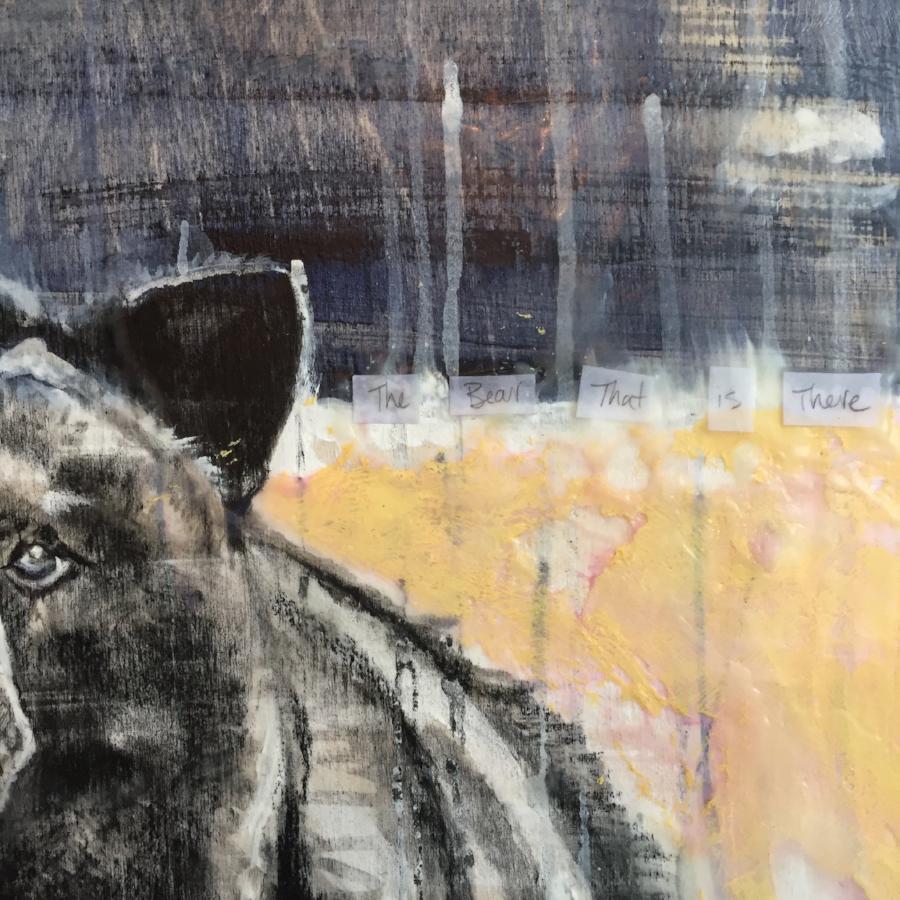 Mixed media painting of a black bear in Whistler, BC. Encaustic top coat. By Heidi Denessen
