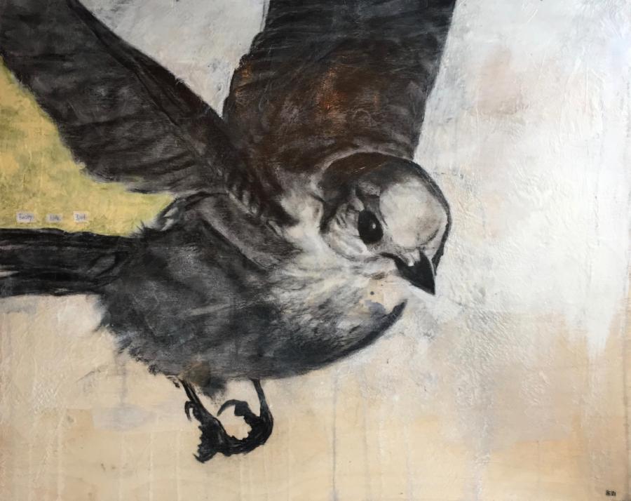 A mixed media painting of a Whiskey Jack bird in flight. Encaustic top coat. By Heidi Denessen